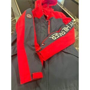 Tommy Hilfiger Red Blue Women's Small Removable Hood Zip Pocket Rain Jacket Coat
